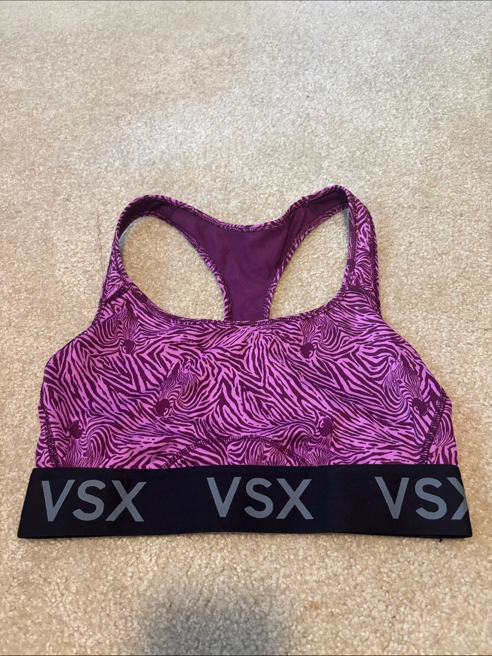 VSX Zebra-Print Racerback Sports Bra Purple Size Small